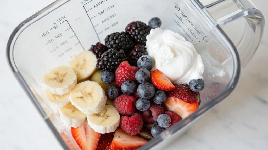 Yogurt and Fruit Smoothie with fruits on preparing