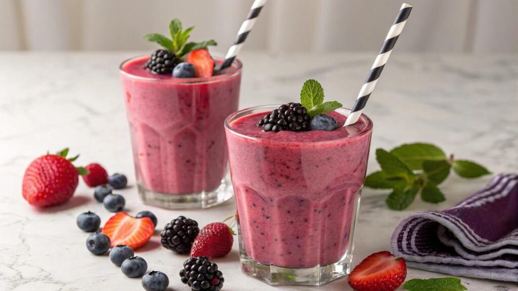 two cups of Yogurt and Fruit Smoothie with fruits in the table