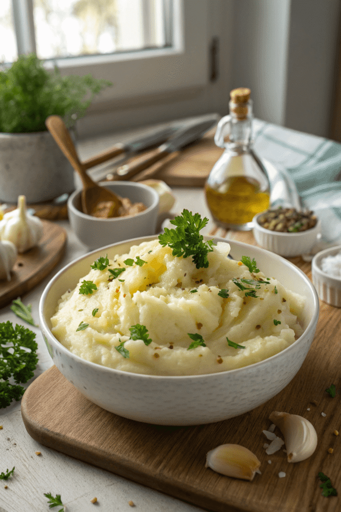 garlic mashed potatoes meal prep & serving
