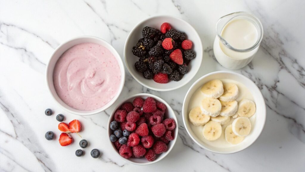 Yogurt and Fruit Smoothie ingredients with fruits on preparing