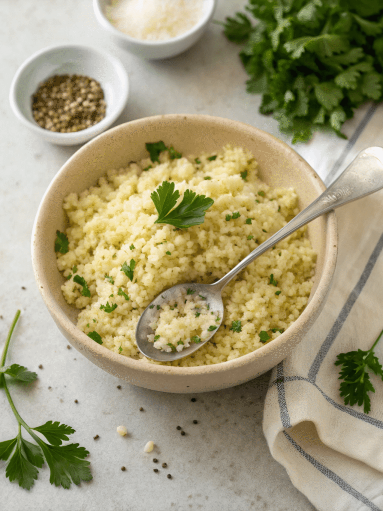 oven roasted cauliflower rice side dish serving