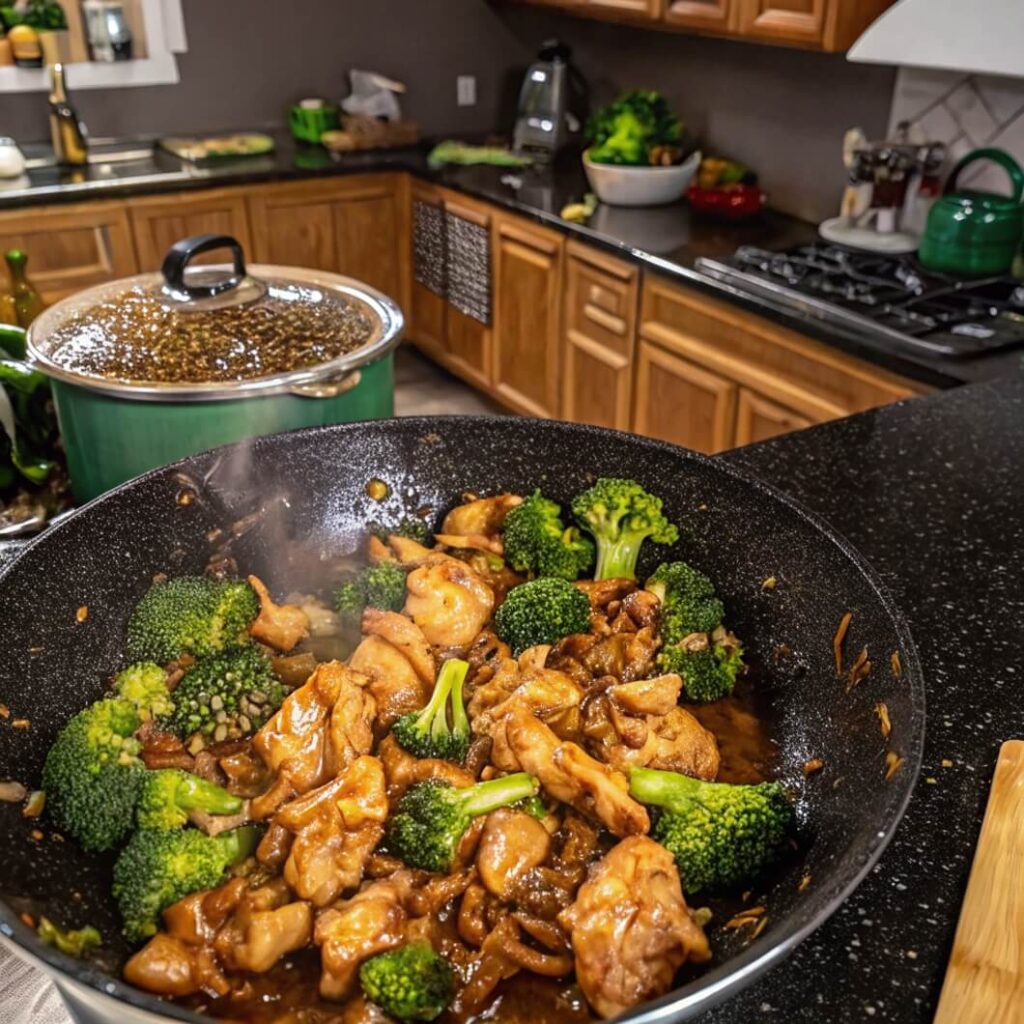 dish of Chicken and Broccoli in kitchen