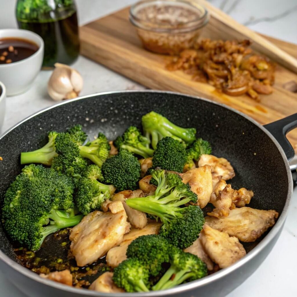 dish of Chicken and Broccoli in kitchen table that contain ingridients