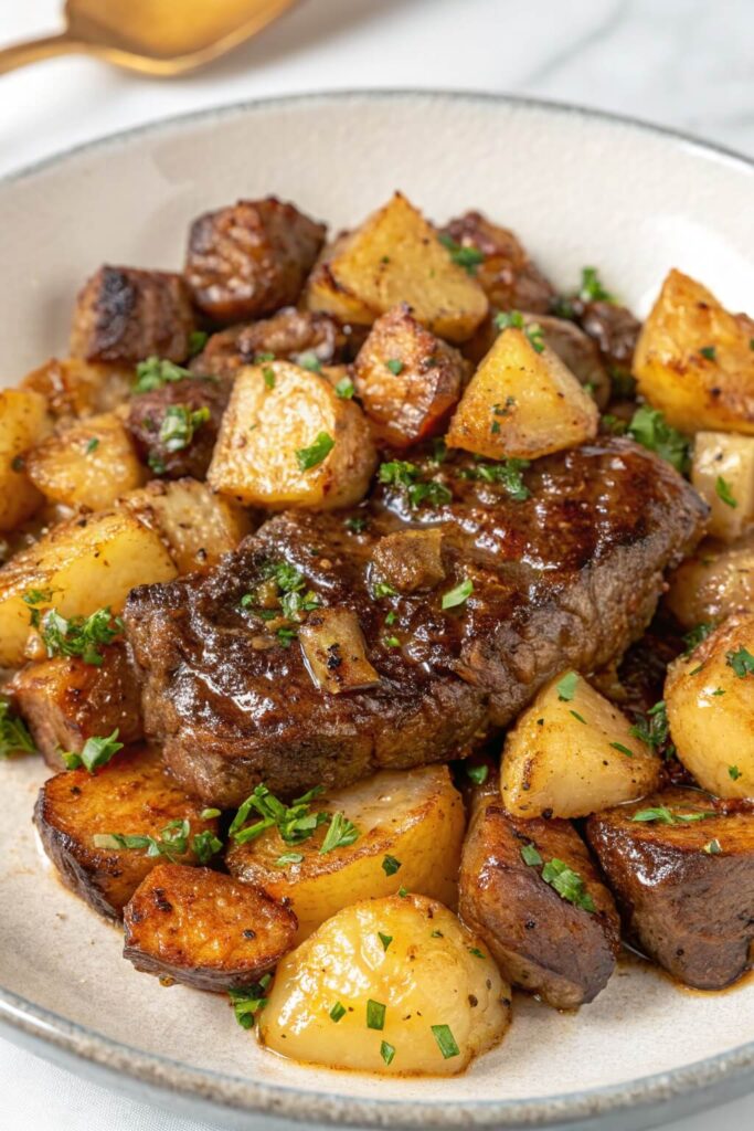 Garlic Butter Steak and Potatoes serving dish