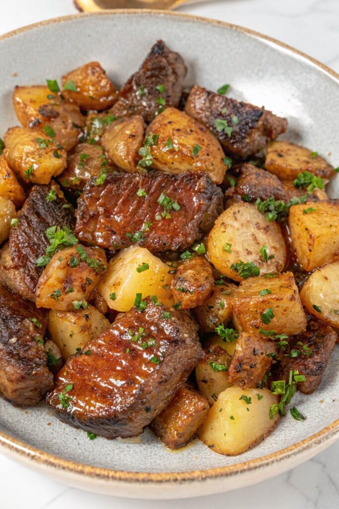 Garlic Butter Steak and Potatoes serving dish