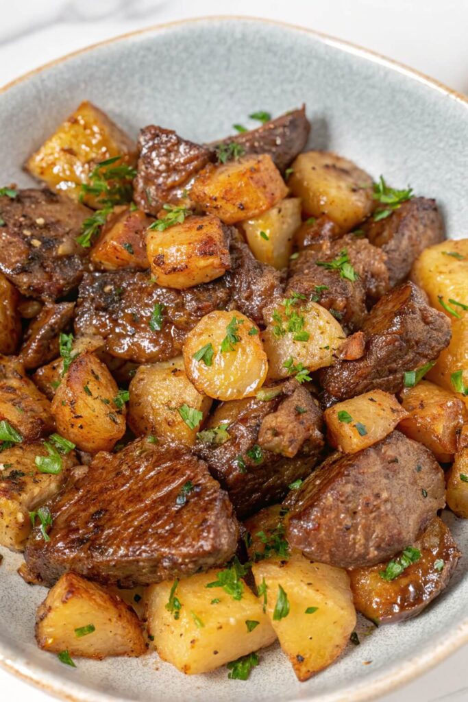 Garlic Butter Steak and Potatoes serving dish