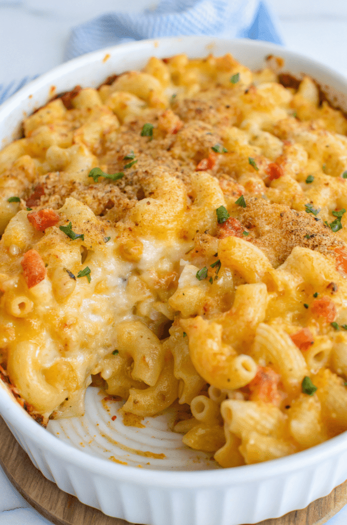 ultra creamy baked mac and cheese recipe with golden breadcrumb topping