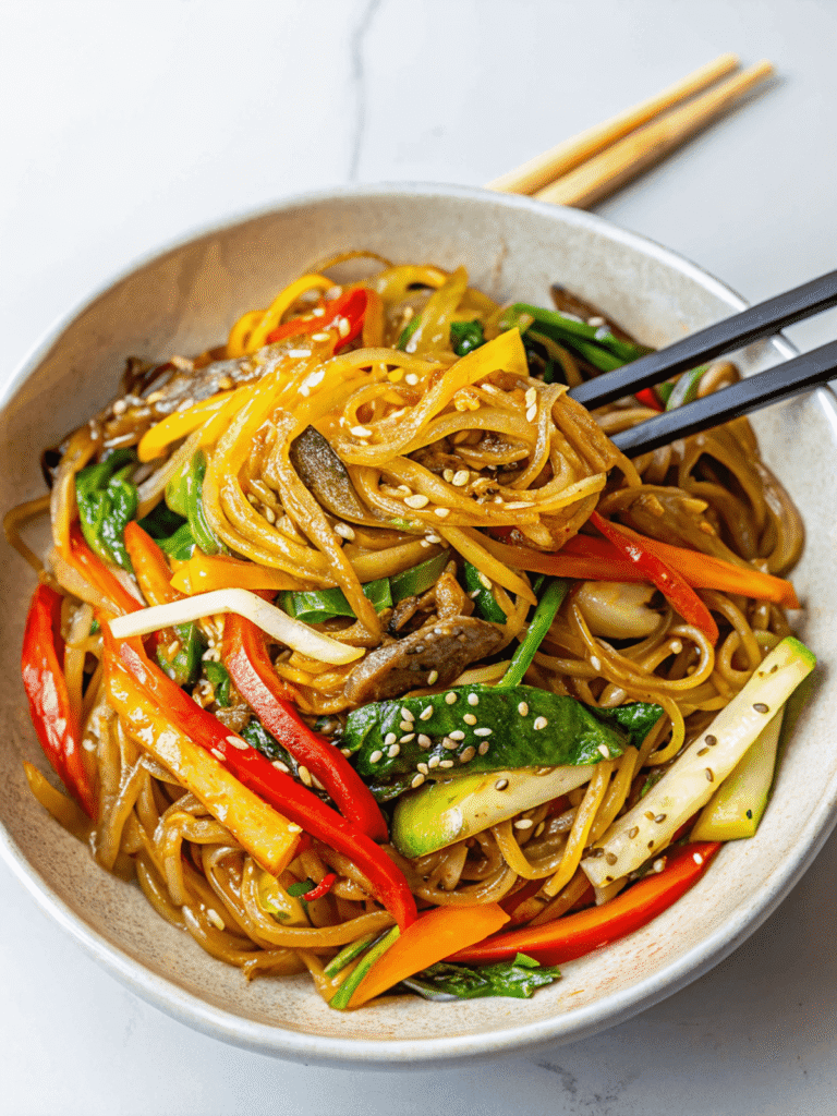 Easy Japchae Recipe (Korean glass noodle stir fry)