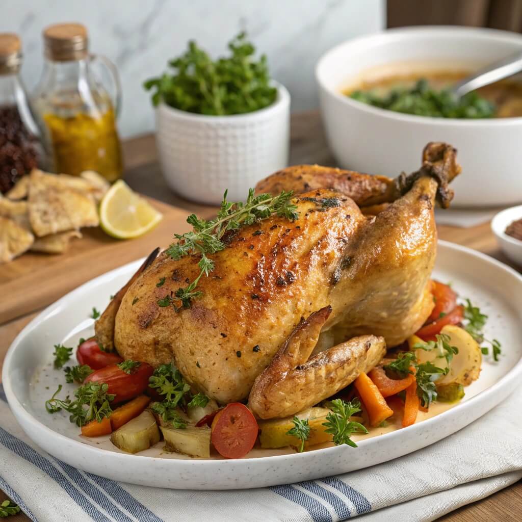 Italian Dressing Chicken in kitchen table behind ingredients